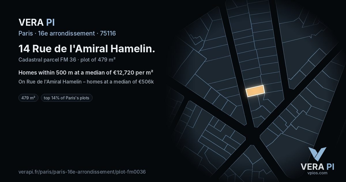 14 Rue de l'Amiral Hamelin, 16e arrondissement at night – the plot lit, the parcels around coloured by the prices near them