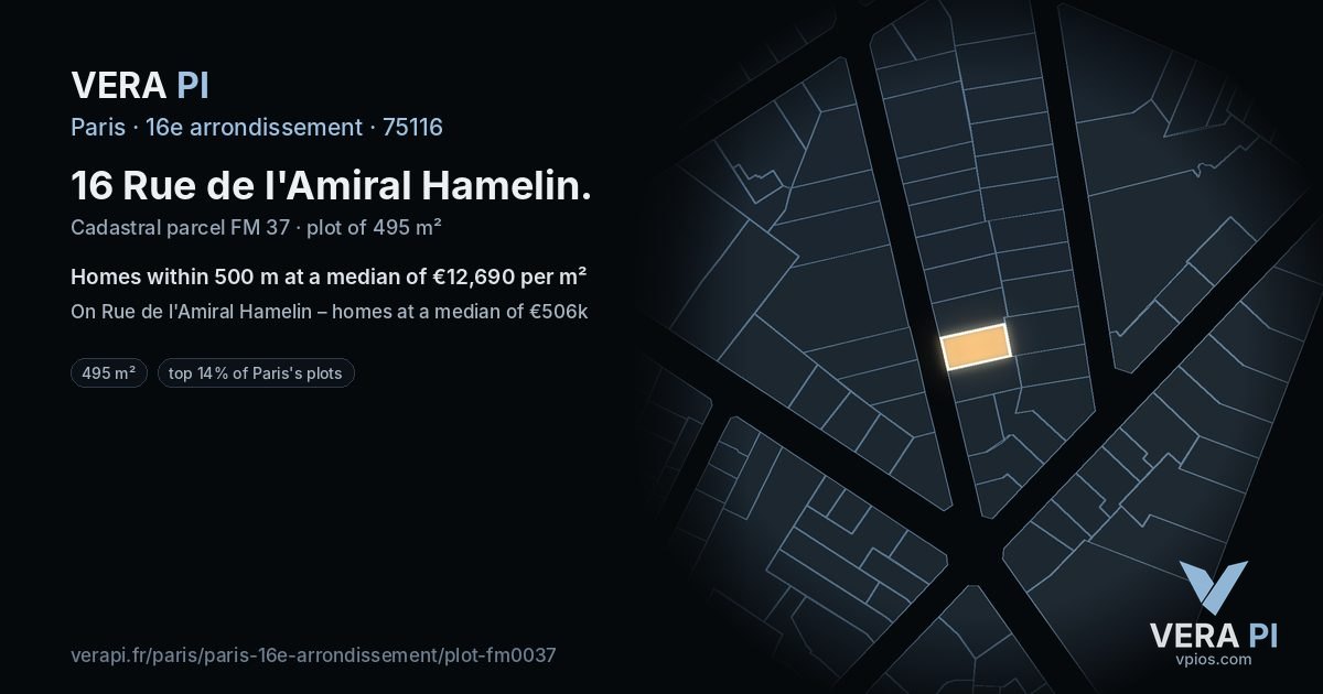16 Rue de l'Amiral Hamelin, 16e arrondissement at night – the plot lit, the parcels around coloured by the prices near them