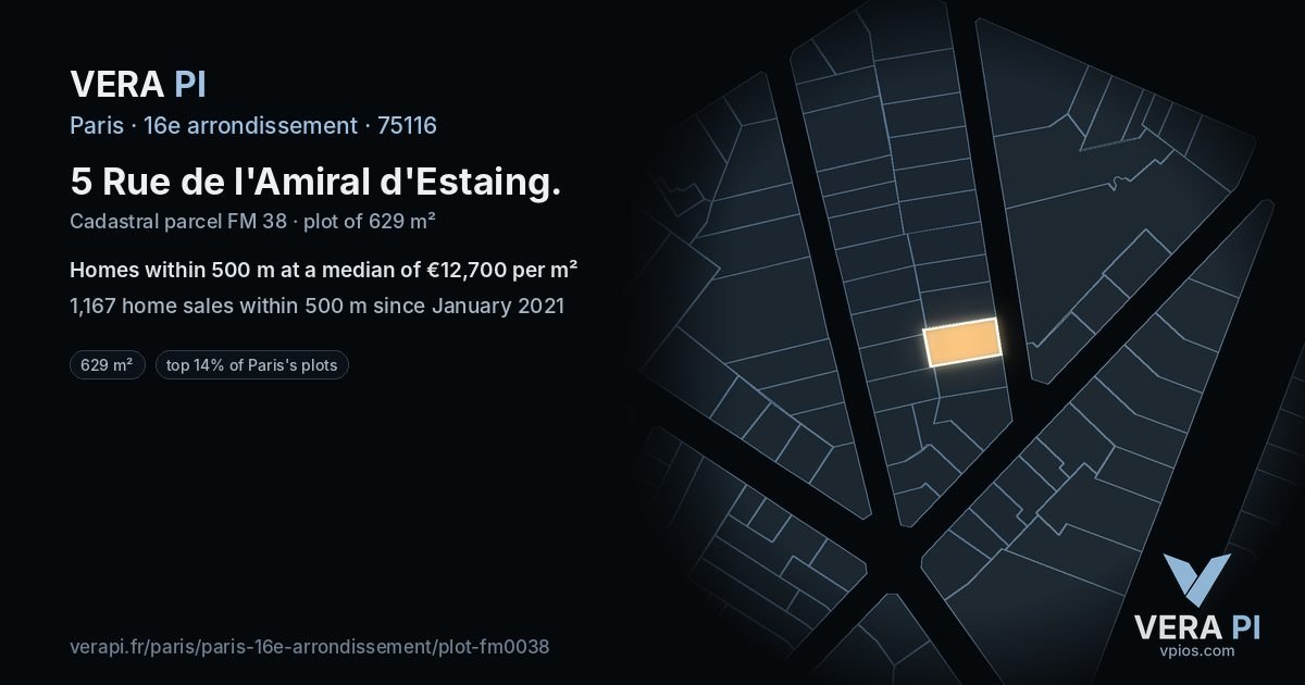5 Rue de l'Amiral d'Estaing, 16e arrondissement at night – the plot lit, the parcels around coloured by the prices near them
