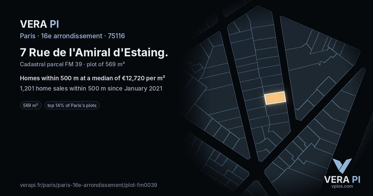 7 Rue de l'Amiral d'Estaing, 16e arrondissement at night – the plot lit, the parcels around coloured by the prices near them