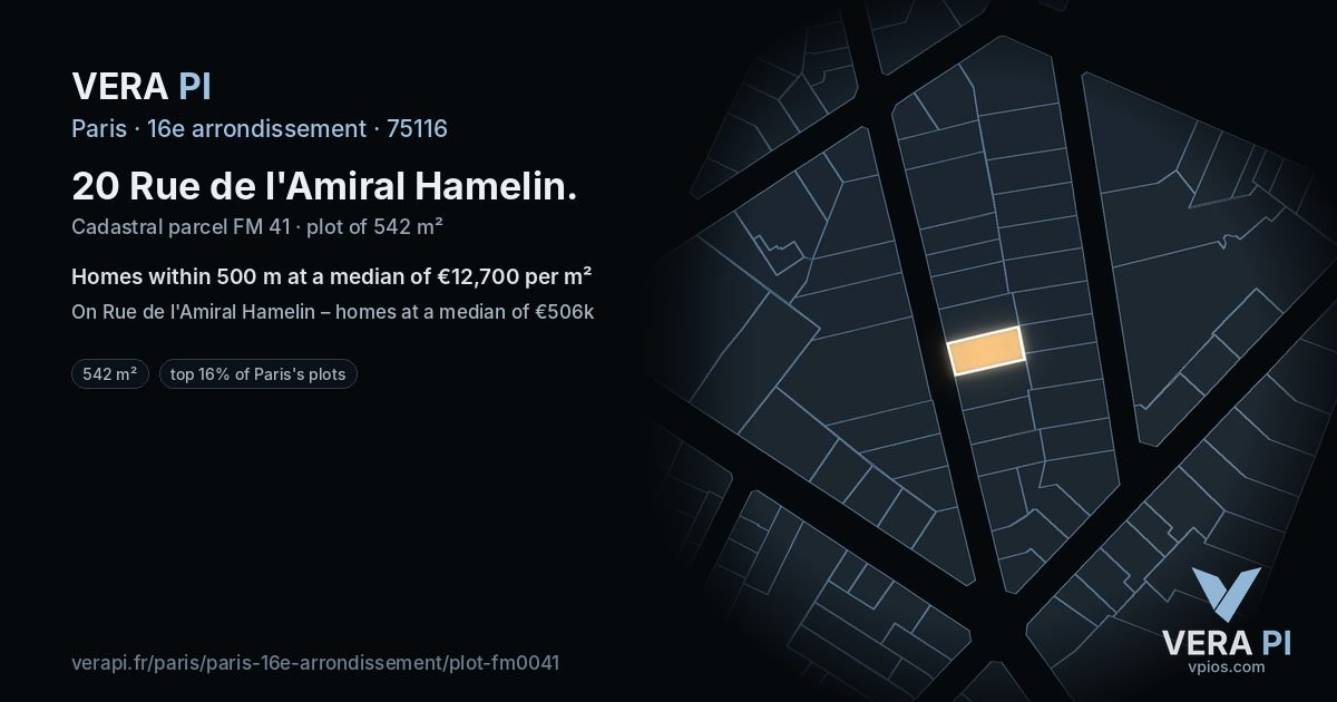 20 Rue de l'Amiral Hamelin, 16e arrondissement at night – the plot lit, the parcels around coloured by the prices near them