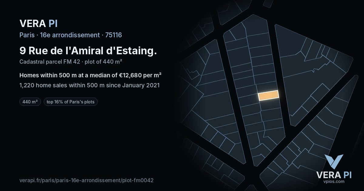 9 Rue de l'Amiral d'Estaing, 16e arrondissement at night – the plot lit, the parcels around coloured by the prices near them