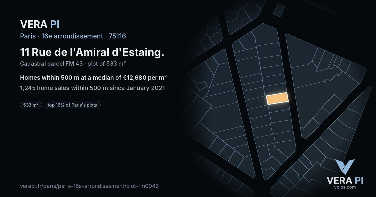 11 Rue de l'Amiral d'Estaing, 16e arrondissement at night – the plot lit, the parcels around coloured by the prices near them