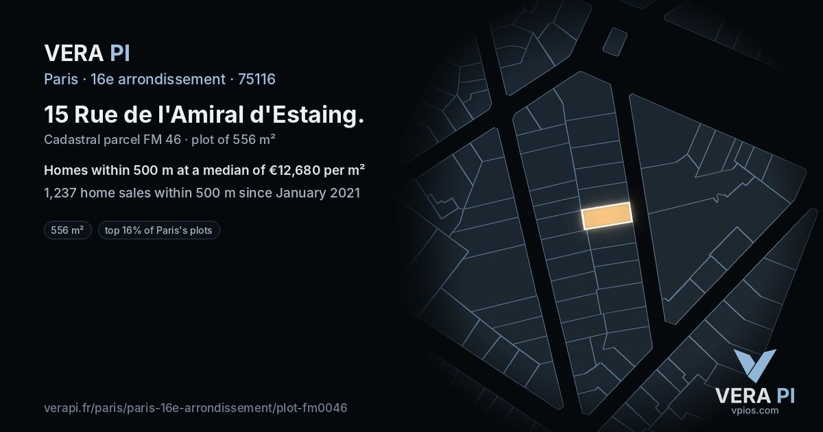 15 Rue de l'Amiral d'Estaing, 16e arrondissement at night – the plot lit, the parcels around coloured by the prices near them