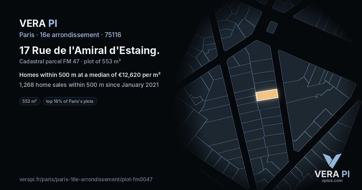 17 Rue de l'Amiral d'Estaing, 16e arrondissement at night – the plot lit, the parcels around coloured by the prices near them