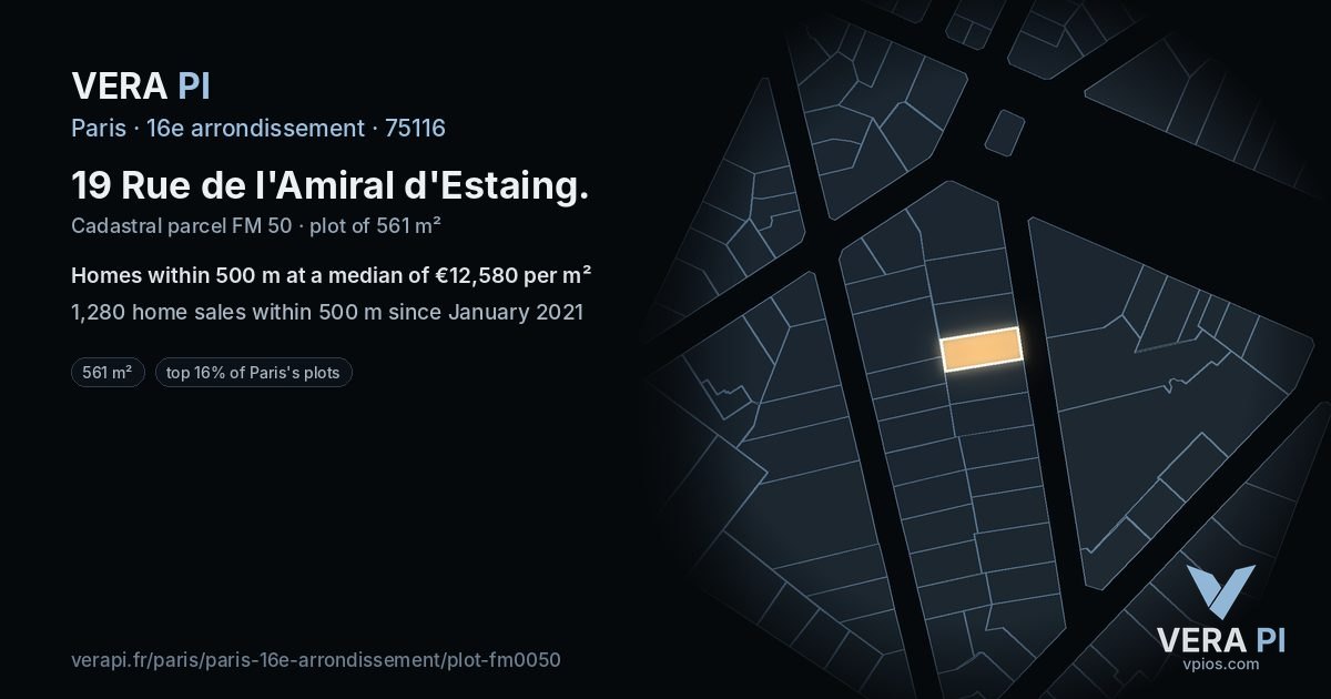 19 Rue de l'Amiral d'Estaing, 16e arrondissement at night – the plot lit, the parcels around coloured by the prices near them