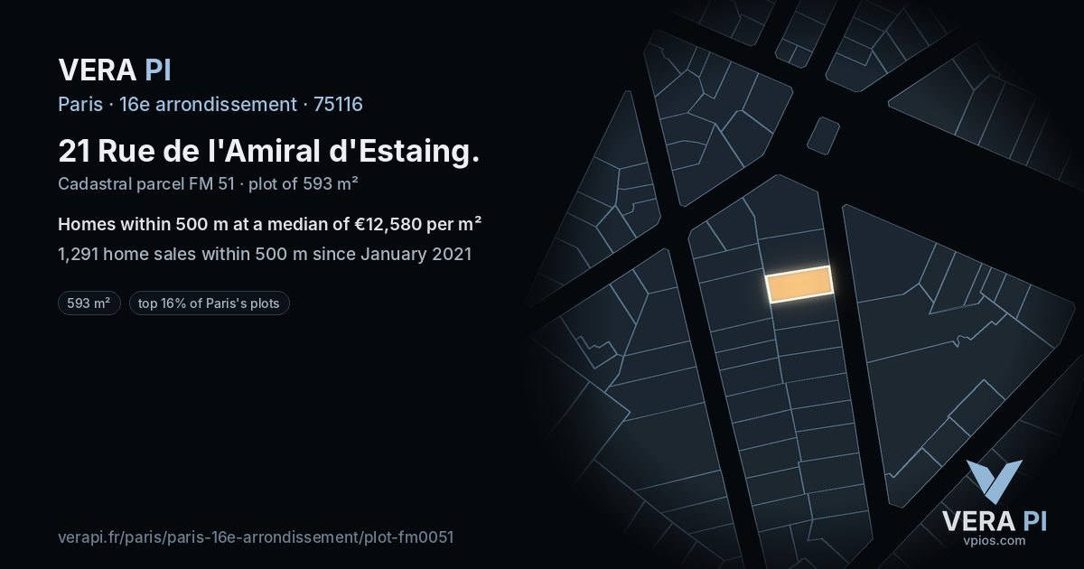 21 Rue de l'Amiral d'Estaing, 16e arrondissement at night – the plot lit, the parcels around coloured by the prices near them