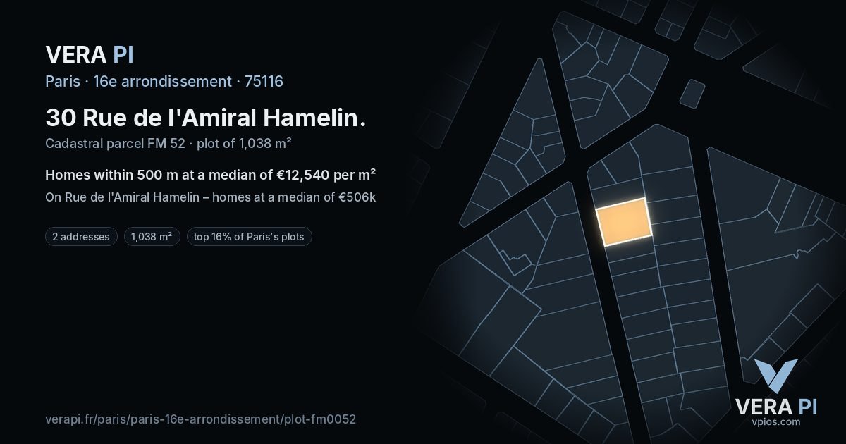30 Rue de l'Amiral Hamelin, 16e arrondissement at night – the plot lit, the parcels around coloured by the prices near them