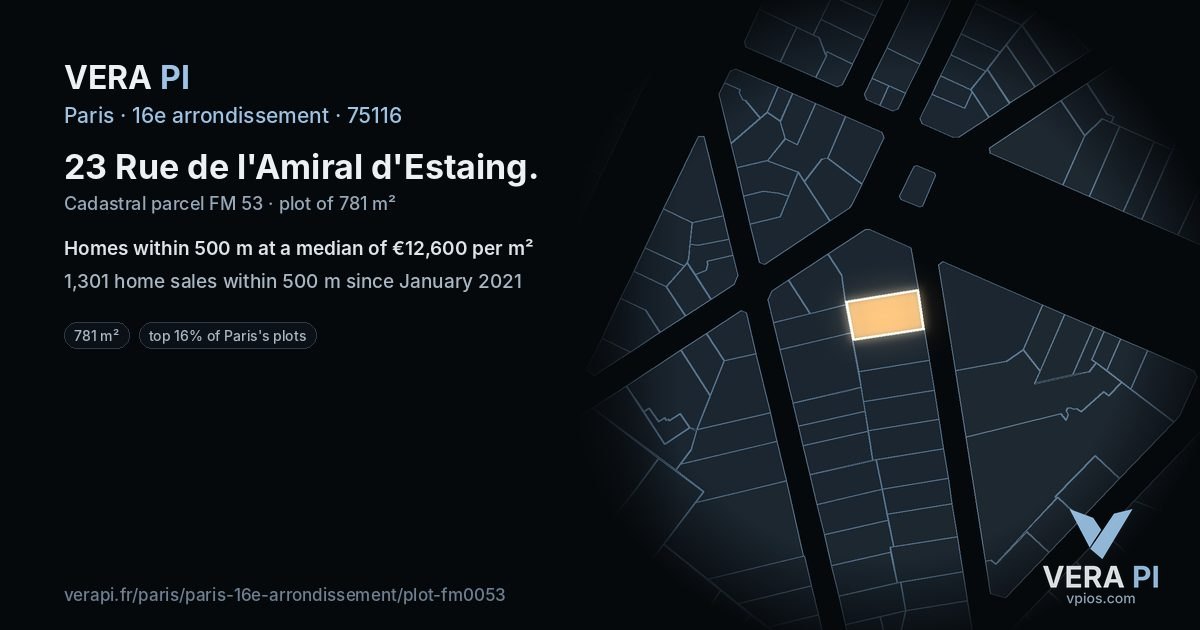 23 Rue de l'Amiral d'Estaing, 16e arrondissement at night – the plot lit, the parcels around coloured by the prices near them