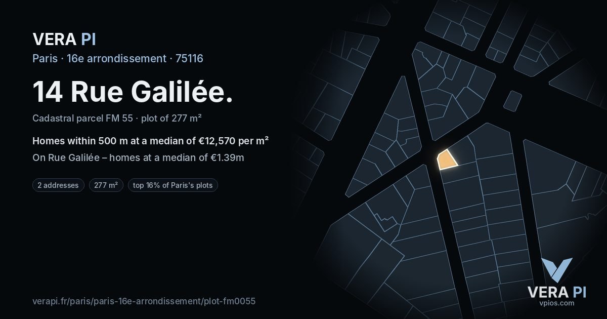 14 Rue Galilée, 16e arrondissement at night – the plot lit, the parcels around coloured by the prices near them