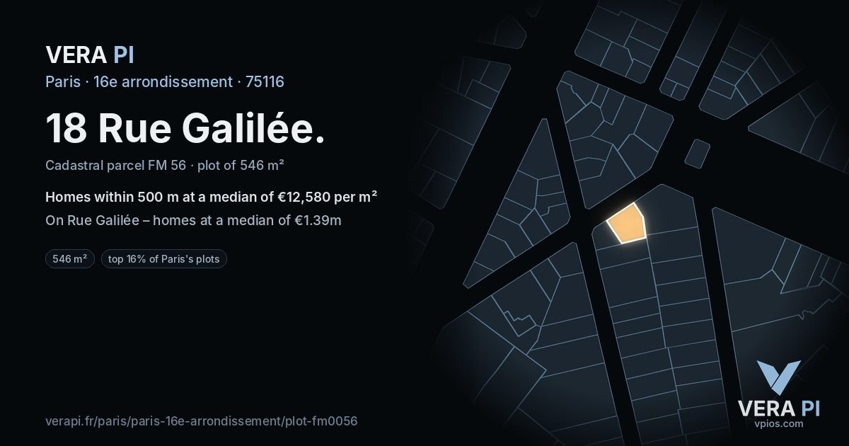18 Rue Galilée, 16e arrondissement at night – the plot lit, the parcels around coloured by the prices near them