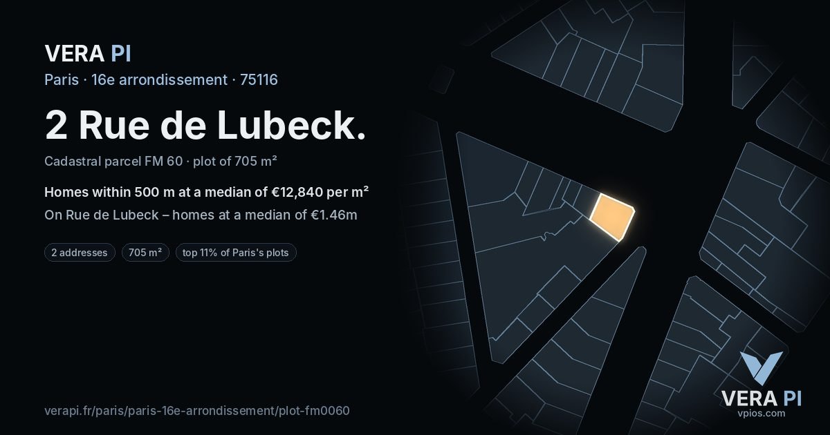 2 Rue de Lubeck, 16e arrondissement at night – the plot lit, the parcels around coloured by the prices near them