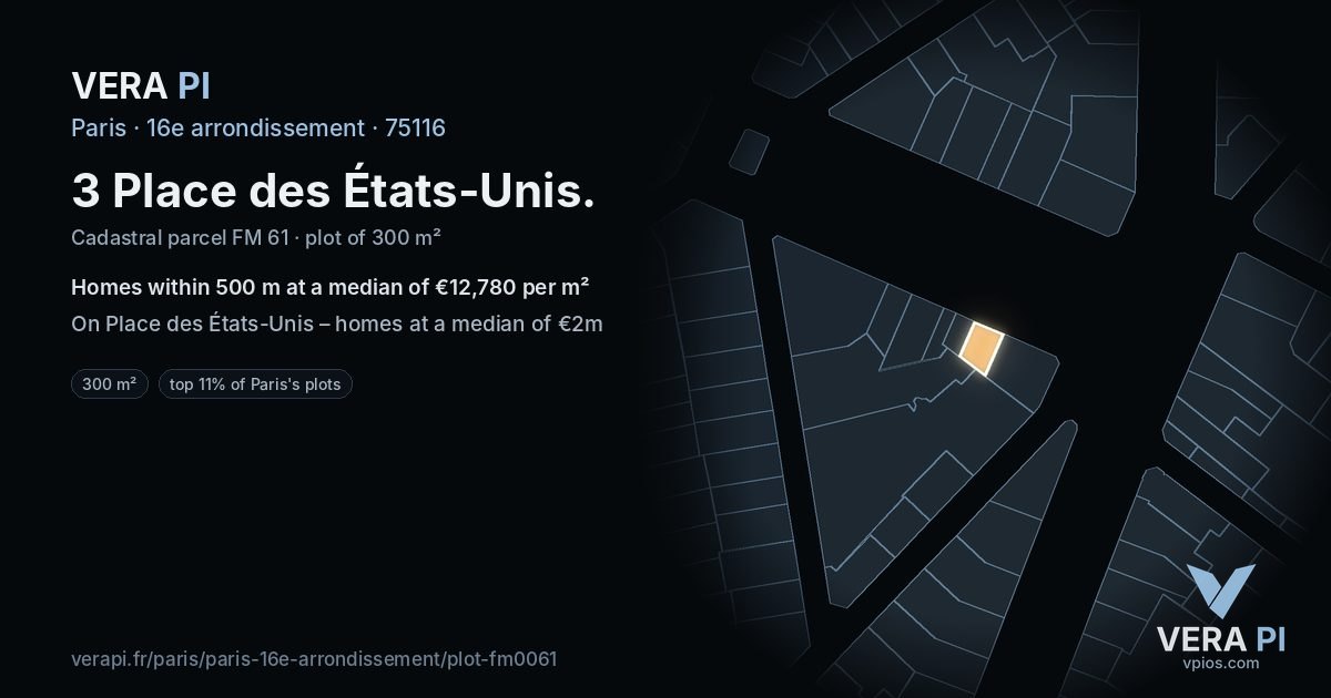 3 Place des États-Unis, 16e arrondissement at night – the plot lit, the parcels around coloured by the prices near them