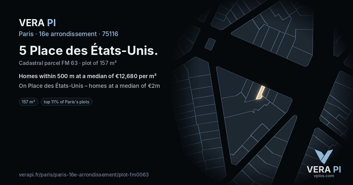5 Place des États-Unis, 16e arrondissement at night – the plot lit, the parcels around coloured by the prices near them