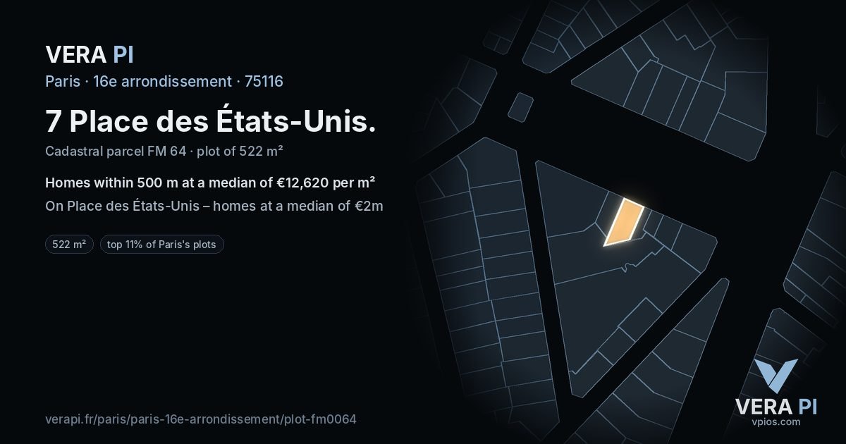 7 Place des États-Unis, 16e arrondissement at night – the plot lit, the parcels around coloured by the prices near them