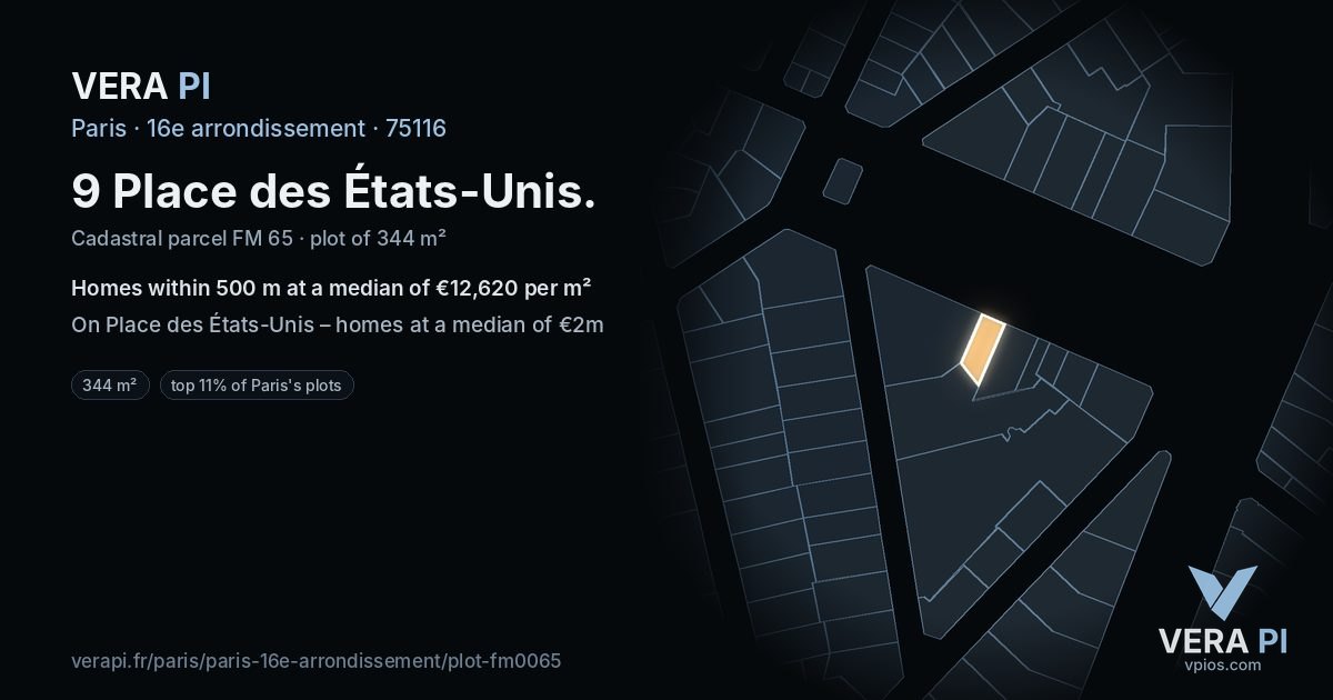 9 Place des États-Unis, 16e arrondissement at night – the plot lit, the parcels around coloured by the prices near them