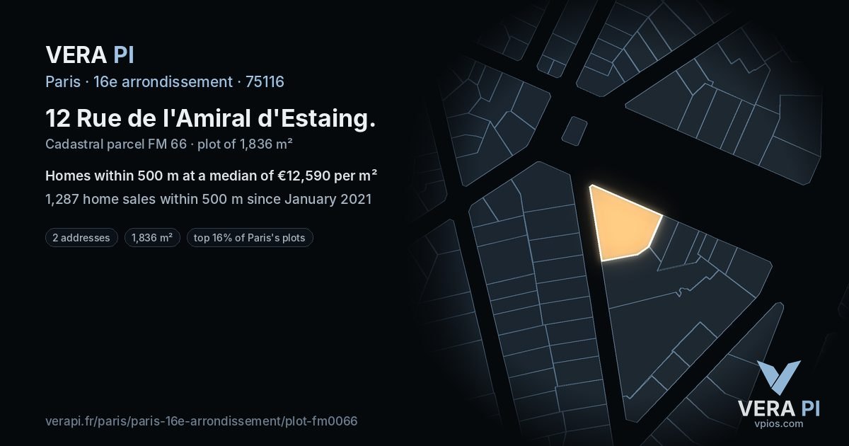 12 Rue de l'Amiral d'Estaing, 16e arrondissement at night – the plot lit, the parcels around coloured by the prices near them