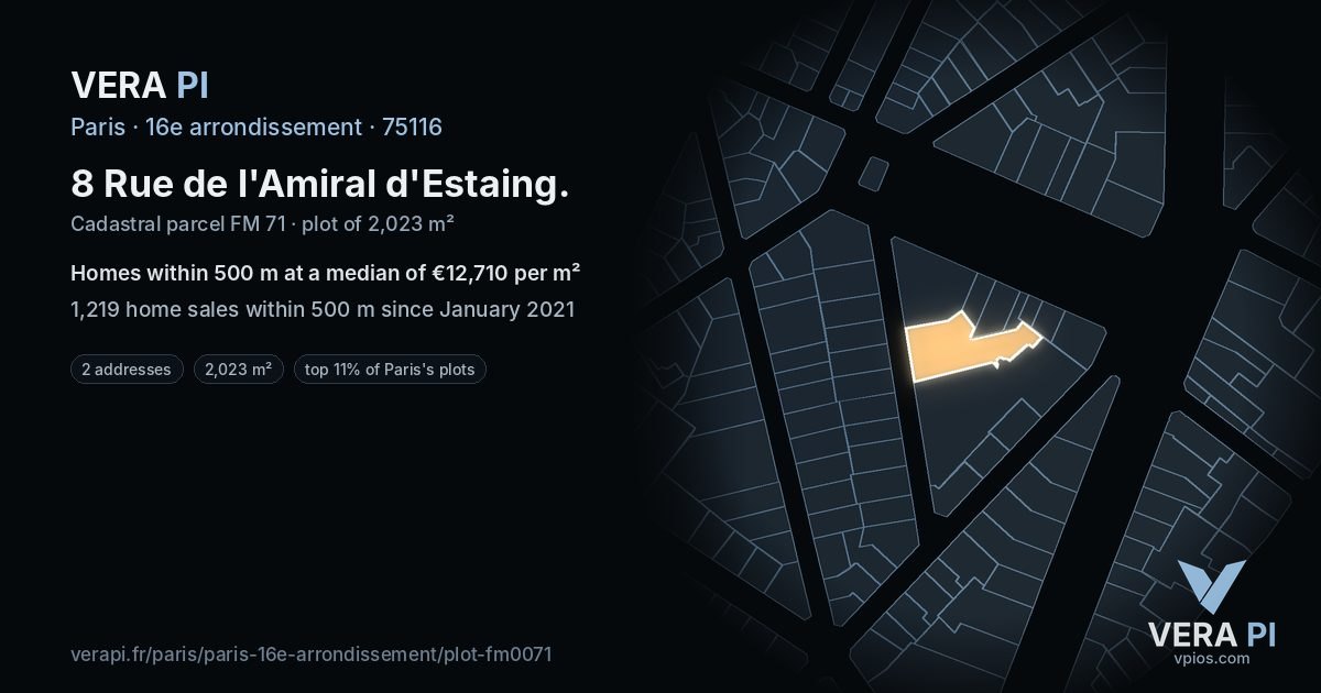 8 Rue de l'Amiral d'Estaing, 16e arrondissement at night – the plot lit, the parcels around coloured by the prices near them
