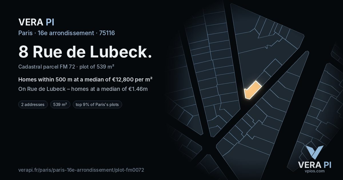 8 Rue de Lubeck, 16e arrondissement at night – the plot lit, the parcels around coloured by the prices near them