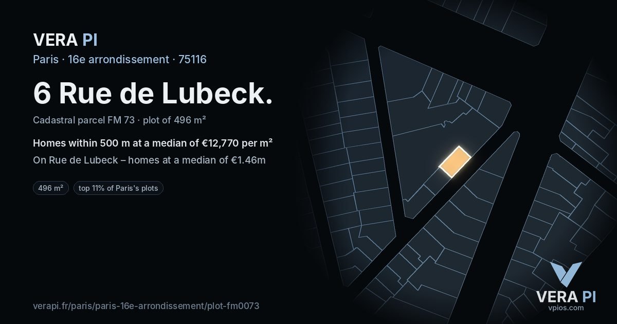 6 Rue de Lubeck, 16e arrondissement at night – the plot lit, the parcels around coloured by the prices near them