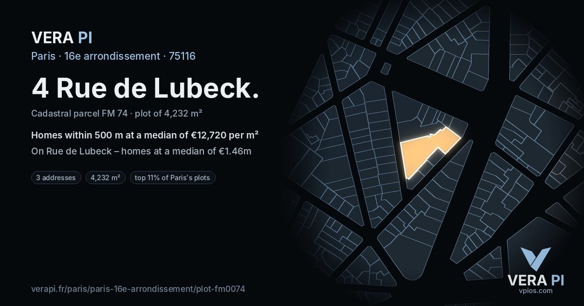 4 Rue de Lubeck, 16e arrondissement at night – the plot lit, the parcels around coloured by the prices near them