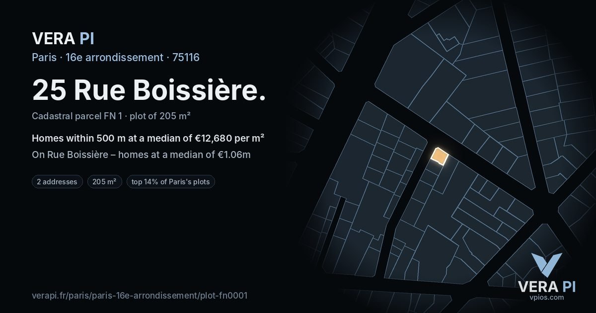 25 Rue Boissière, 16e arrondissement at night – the plot lit, the parcels around coloured by the prices near them