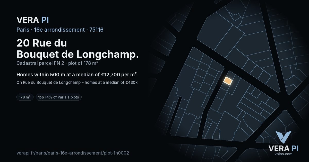 20 Rue du Bouquet de Longchamp, 16e arrondissement at night – the plot lit, the parcels around coloured by the prices near them