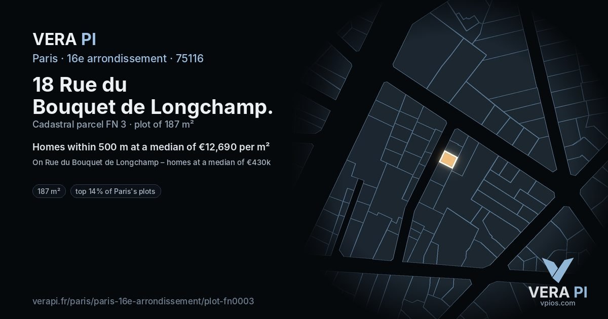 18 Rue du Bouquet de Longchamp, 16e arrondissement at night – the plot lit, the parcels around coloured by the prices near them