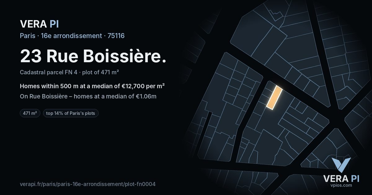 23 Rue Boissière, 16e arrondissement at night – the plot lit, the parcels around coloured by the prices near them