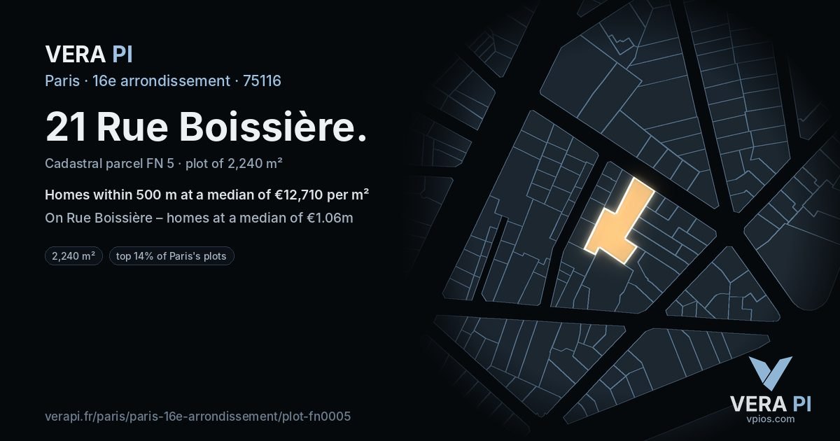 21 Rue Boissière, 16e arrondissement at night – the plot lit, the parcels around coloured by the prices near them
