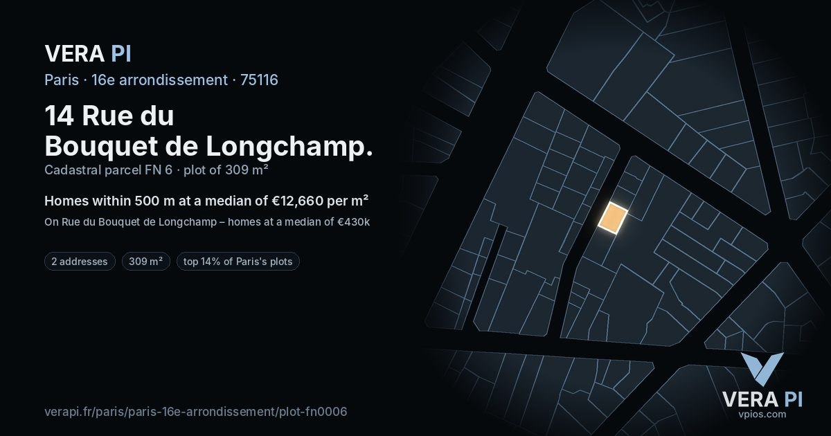 14 Rue du Bouquet de Longchamp, 16e arrondissement at night – the plot lit, the parcels around coloured by the prices near them
