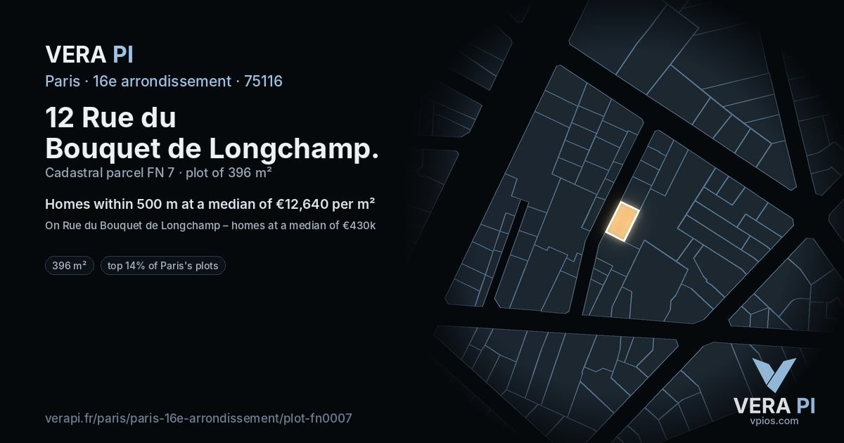 12 Rue du Bouquet de Longchamp, 16e arrondissement at night – the plot lit, the parcels around coloured by the prices near them