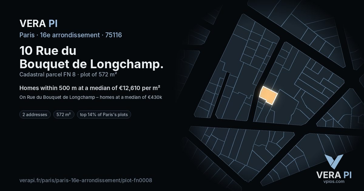 10 Rue du Bouquet de Longchamp, 16e arrondissement at night – the plot lit, the parcels around coloured by the prices near them