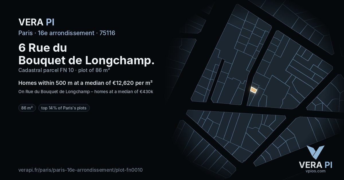 6 Rue du Bouquet de Longchamp, 16e arrondissement at night – the plot lit, the parcels around coloured by the prices near them