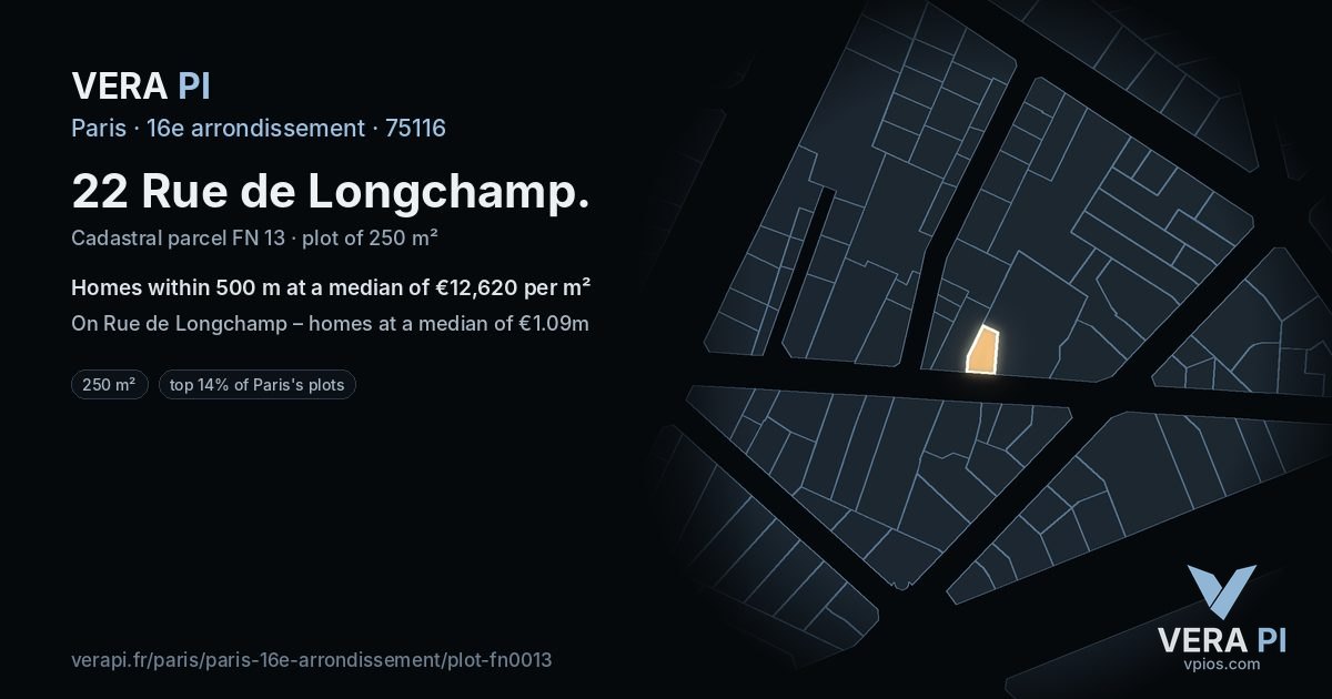 22 Rue de Longchamp, 16e arrondissement at night – the plot lit, the parcels around coloured by the prices near them