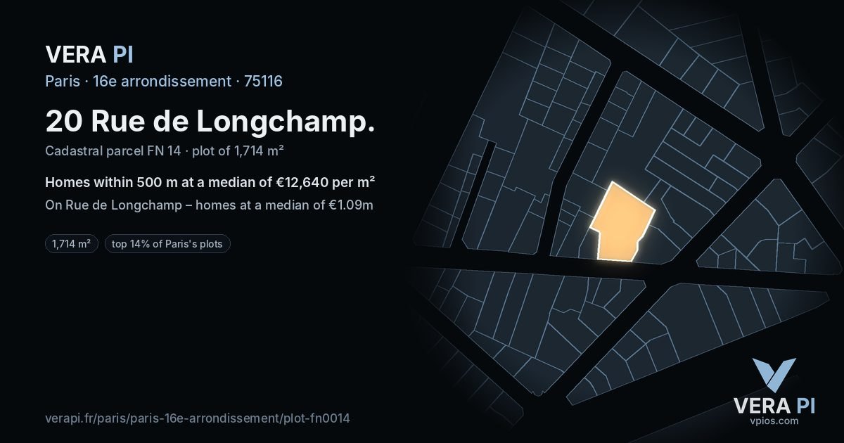 20 Rue de Longchamp, 16e arrondissement at night – the plot lit, the parcels around coloured by the prices near them