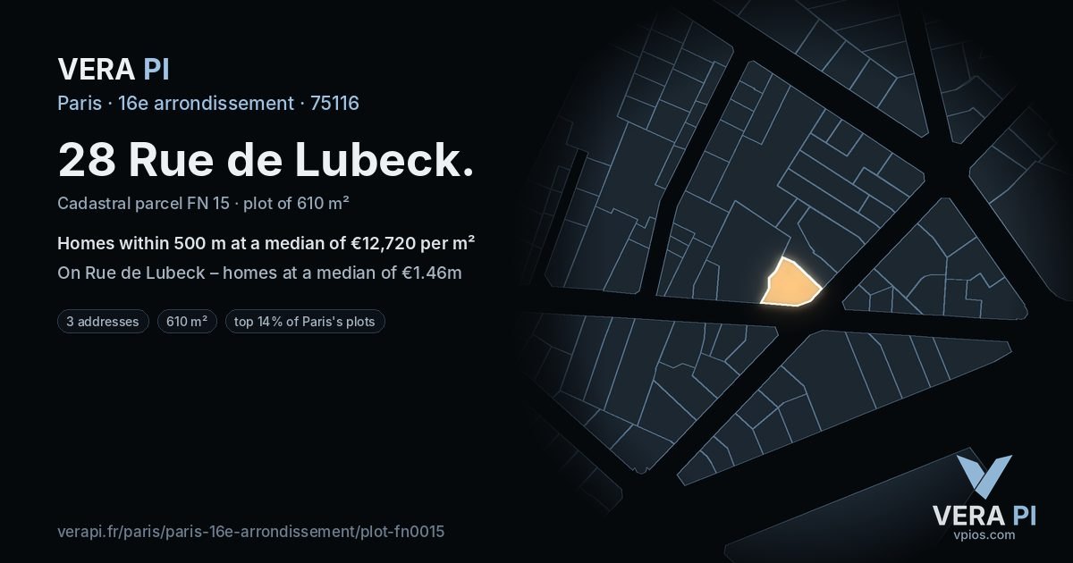 28 Rue de Lubeck, 16e arrondissement at night – the plot lit, the parcels around coloured by the prices near them