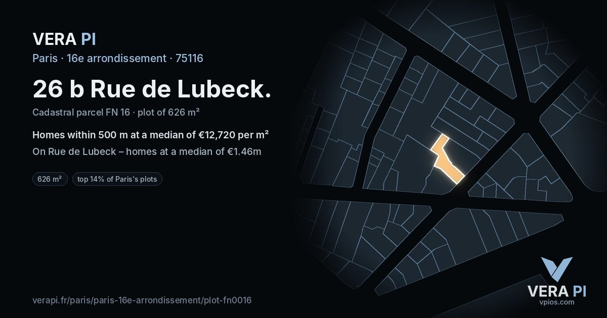 26 b Rue de Lubeck, 16e arrondissement at night – the plot lit, the parcels around coloured by the prices near them