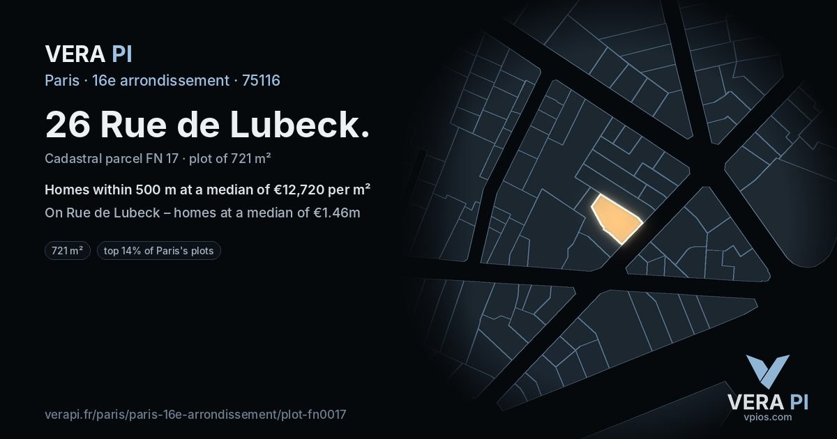 26 Rue de Lubeck, 16e arrondissement at night – the plot lit, the parcels around coloured by the prices near them