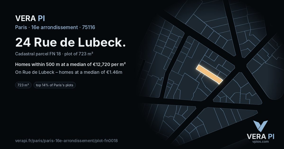 24 Rue de Lubeck, 16e arrondissement at night – the plot lit, the parcels around coloured by the prices near them