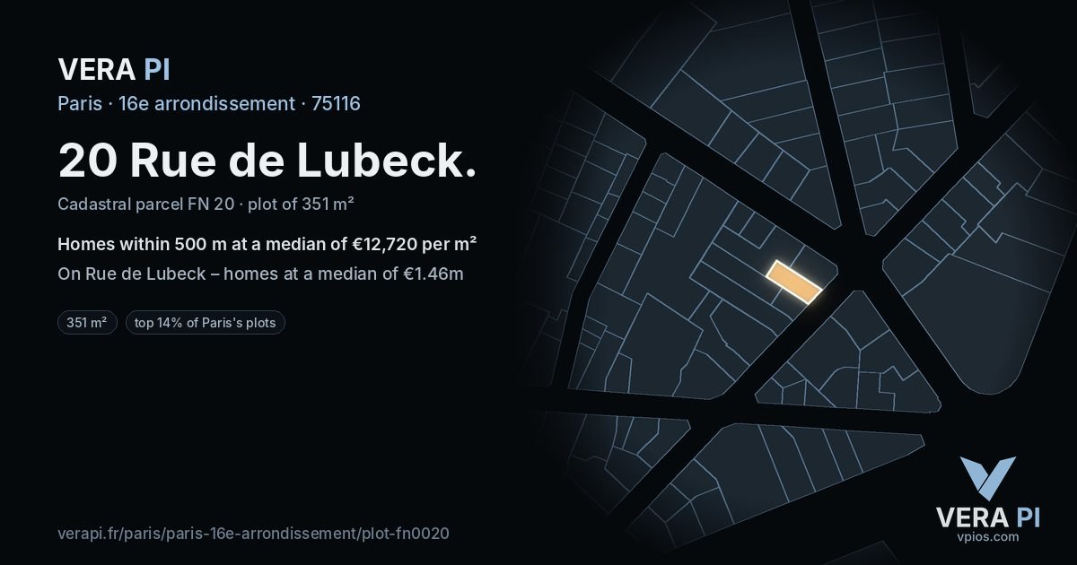 20 Rue de Lubeck, 16e arrondissement at night – the plot lit, the parcels around coloured by the prices near them