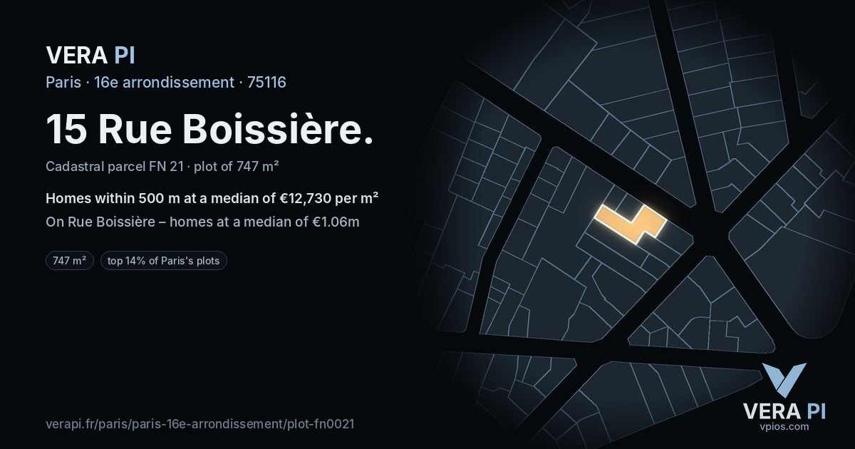 15 Rue Boissière, 16e arrondissement at night – the plot lit, the parcels around coloured by the prices near them