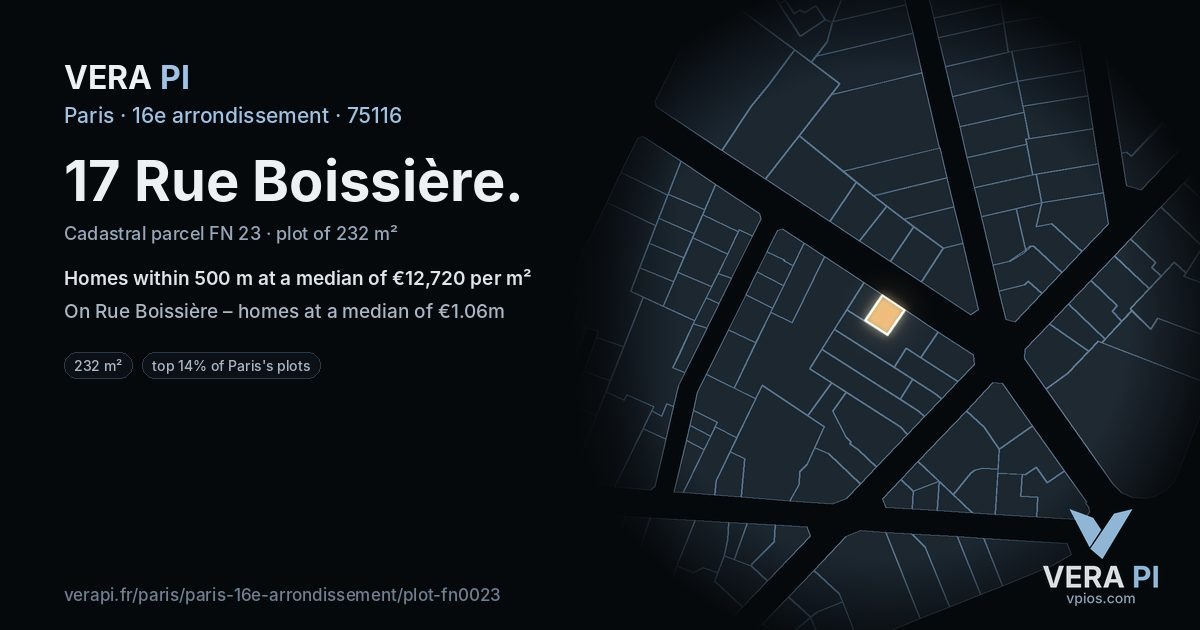 17 Rue Boissière, 16e arrondissement at night – the plot lit, the parcels around coloured by the prices near them
