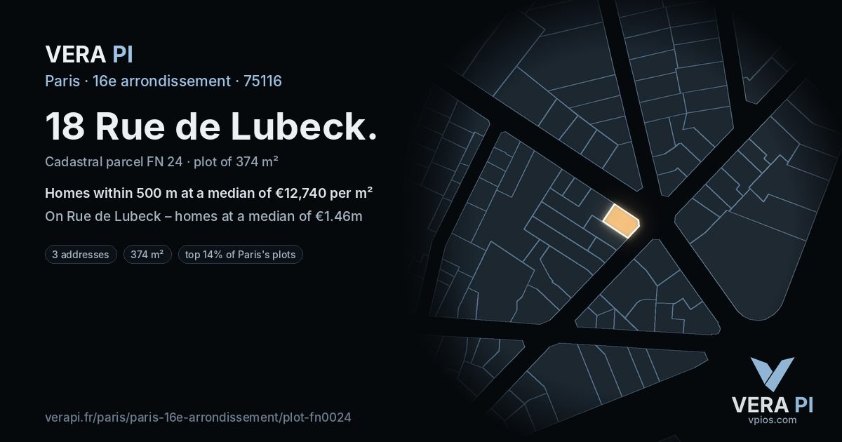 18 Rue de Lubeck, 16e arrondissement at night – the plot lit, the parcels around coloured by the prices near them