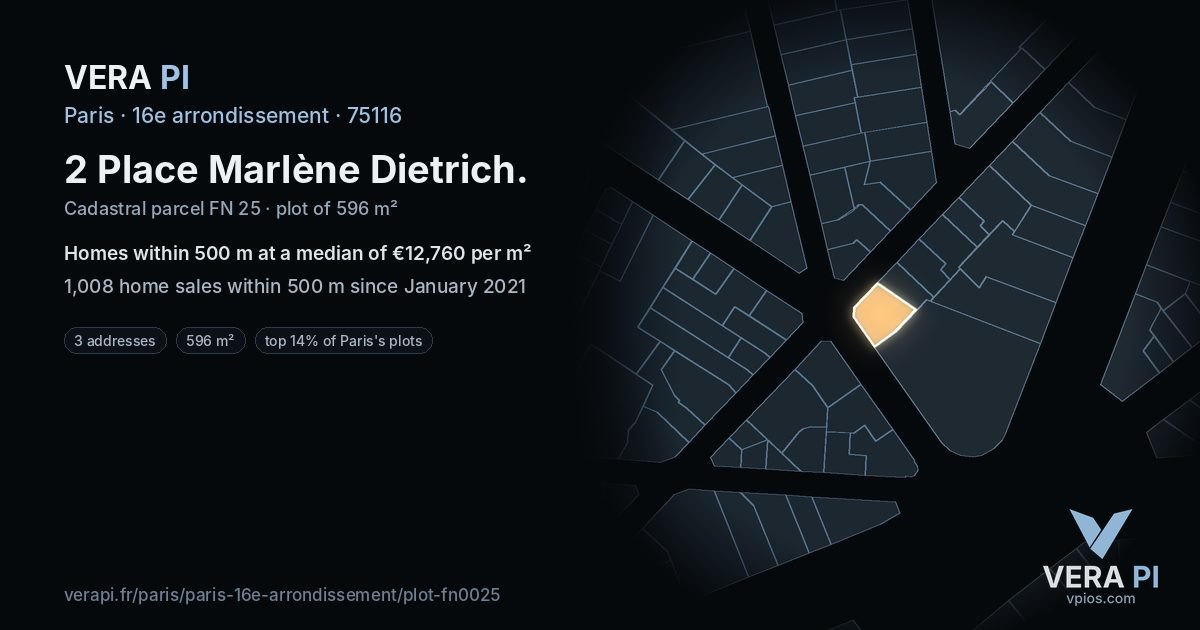 2 Place Marlène Dietrich, 16e arrondissement at night – the plot lit, the parcels around coloured by the prices near them