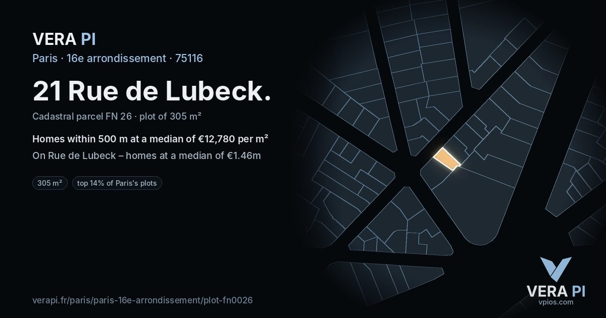 21 Rue de Lubeck, 16e arrondissement at night – the plot lit, the parcels around coloured by the prices near them