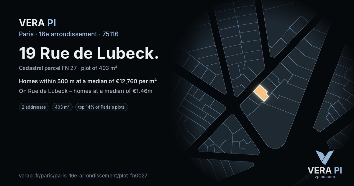 19 Rue de Lubeck, 16e arrondissement at night – the plot lit, the parcels around coloured by the prices near them