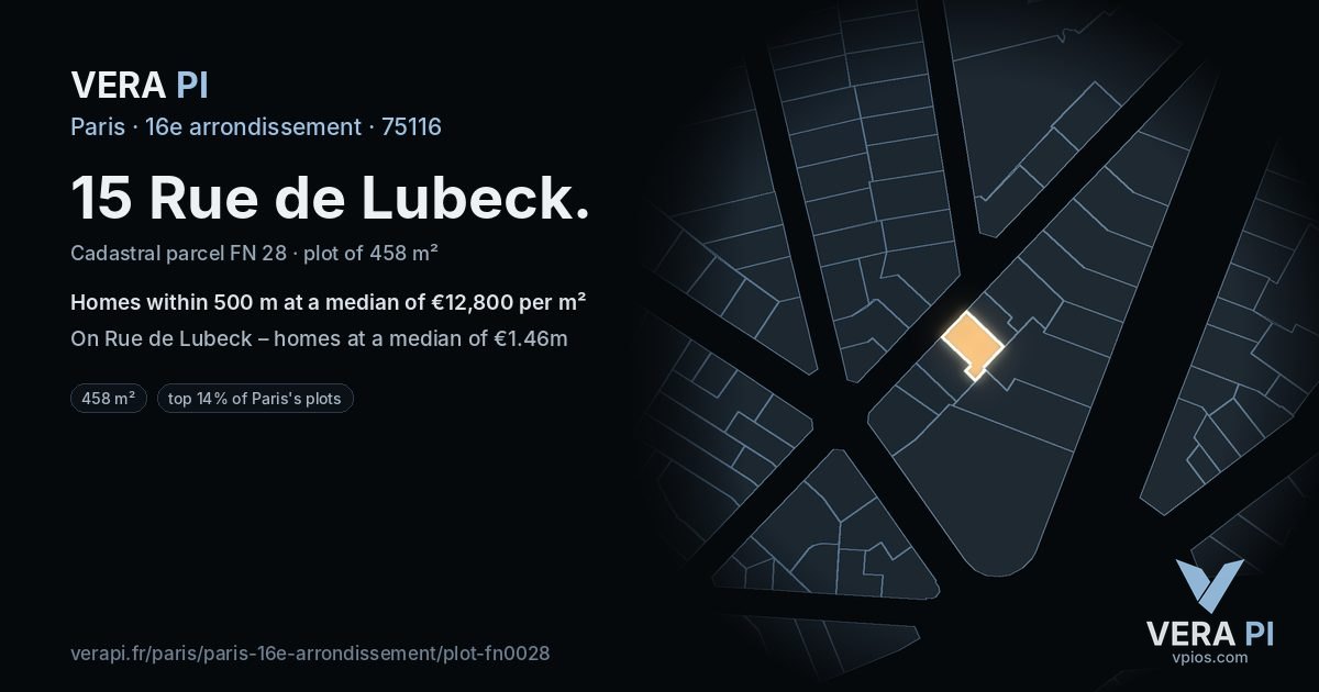 15 Rue de Lubeck, 16e arrondissement at night – the plot lit, the parcels around coloured by the prices near them