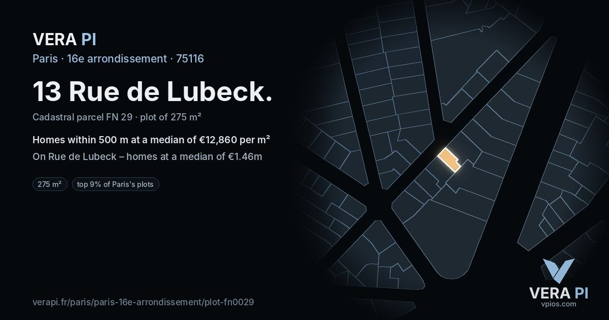 13 Rue de Lubeck, 16e arrondissement at night – the plot lit, the parcels around coloured by the prices near them