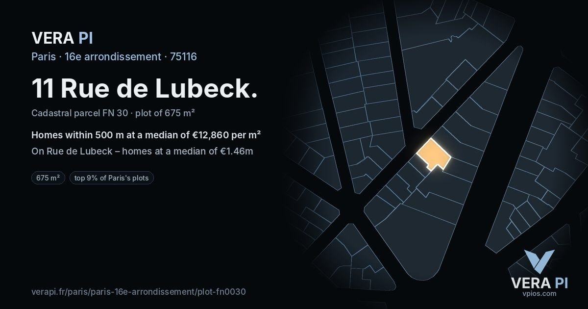 11 Rue de Lubeck, 16e arrondissement at night – the plot lit, the parcels around coloured by the prices near them